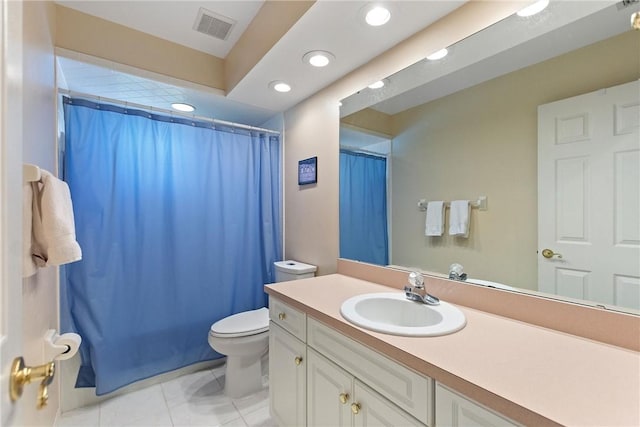 bathroom with toilet, recessed lighting, tile patterned floors, vanity, and curtained shower