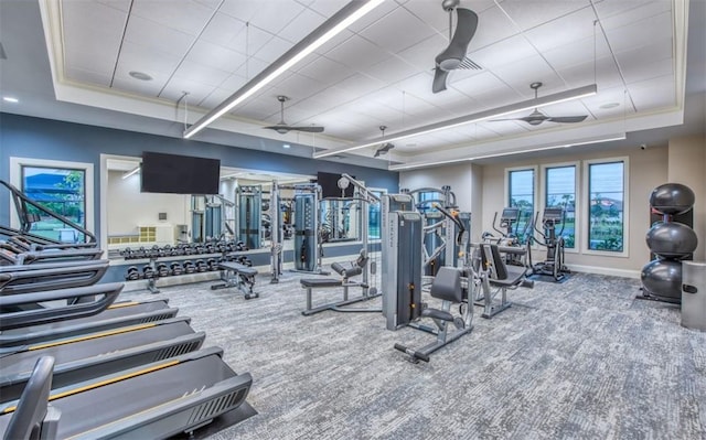 workout area with carpet floors, a tray ceiling, and ceiling fan