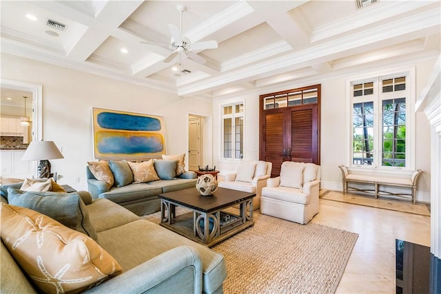 living room with coffered ceiling, beam ceiling, crown molding, and ceiling fan