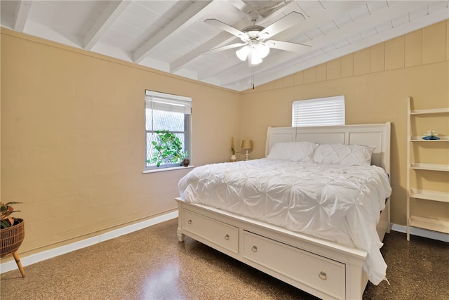 bedroom with ceiling fan and lofted ceiling with beams