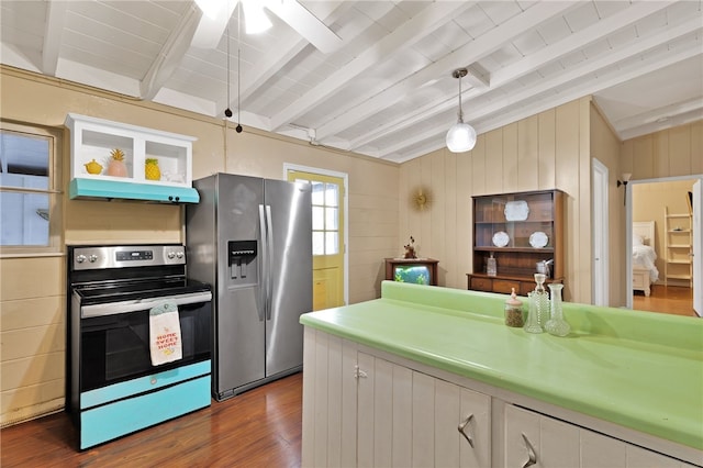 kitchen with appliances with stainless steel finishes, dark hardwood / wood-style floors, decorative light fixtures, vaulted ceiling with beams, and white cabinets