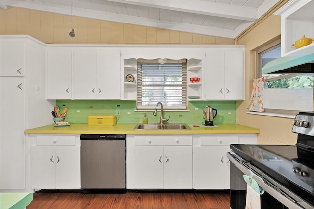 kitchen featuring sink, white cabinets, backsplash, stainless steel appliances, and dark wood-type flooring