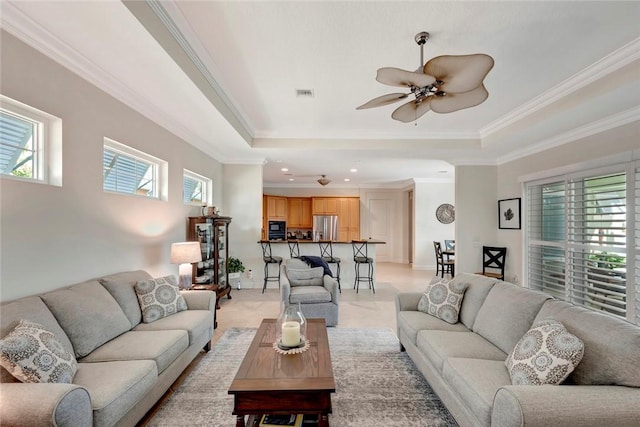 living area with a tray ceiling and crown molding