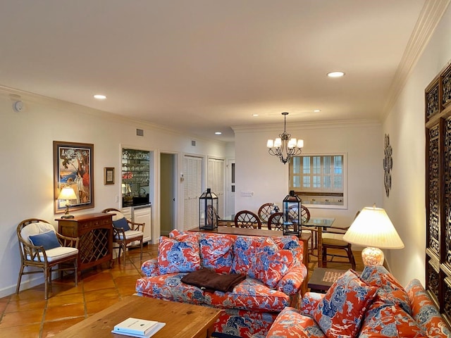 tiled living room featuring an inviting chandelier and crown molding