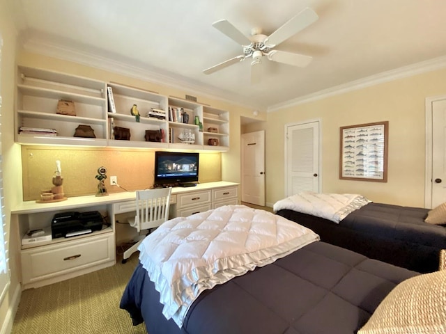 bedroom featuring ceiling fan, crown molding, and light colored carpet