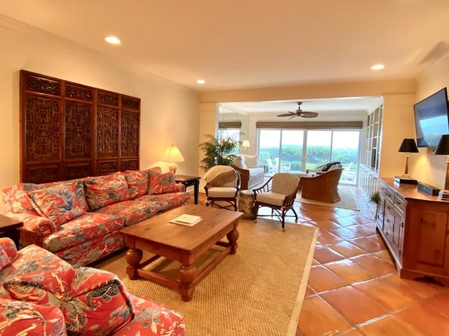 tiled living room featuring ceiling fan