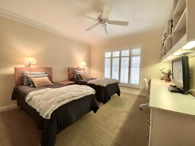 bedroom with ceiling fan, dark carpet, and ornamental molding