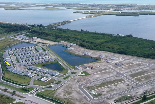 drone / aerial view featuring a water view