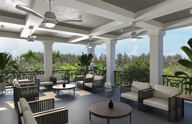 view of patio featuring an outdoor living space and a ceiling fan