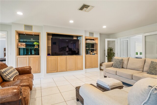 tiled living room with built in features