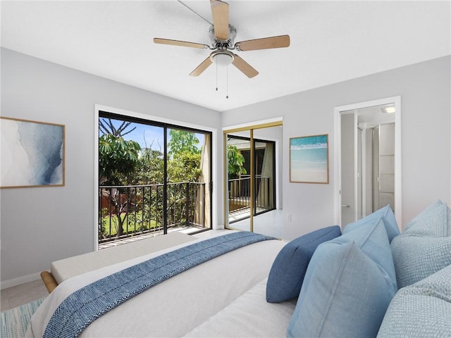 bedroom featuring ceiling fan and a closet