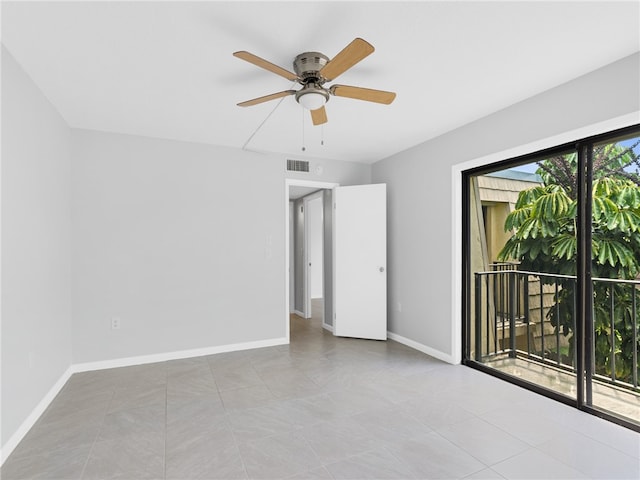 unfurnished bedroom featuring access to exterior and ceiling fan