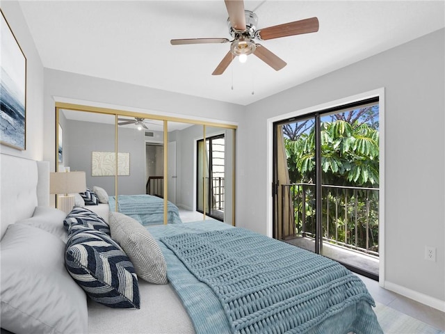 bedroom featuring ceiling fan, access to outside, and a closet