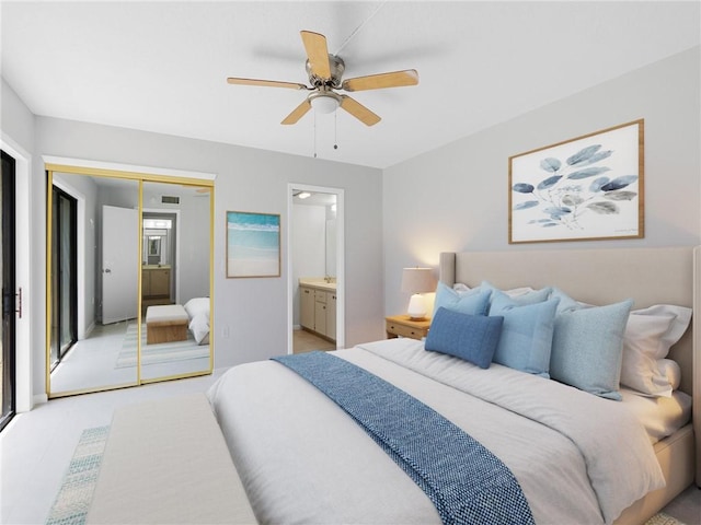 bedroom featuring ceiling fan, ensuite bathroom, and a closet