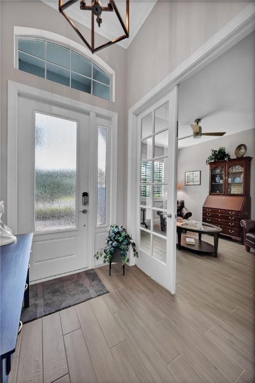 entrance foyer featuring a high ceiling, a chandelier, and wood finished floors