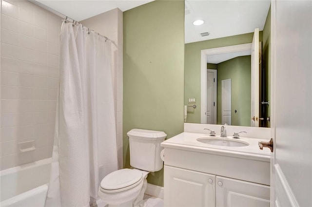 full bathroom featuring vanity, toilet, and shower / tub combo with curtain