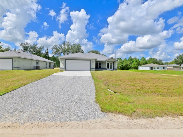 single story home featuring a front yard, a garage, and cooling unit