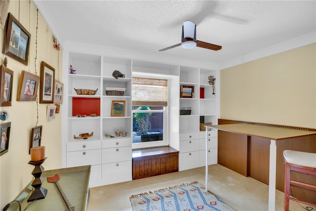 home office with ceiling fan and a textured ceiling