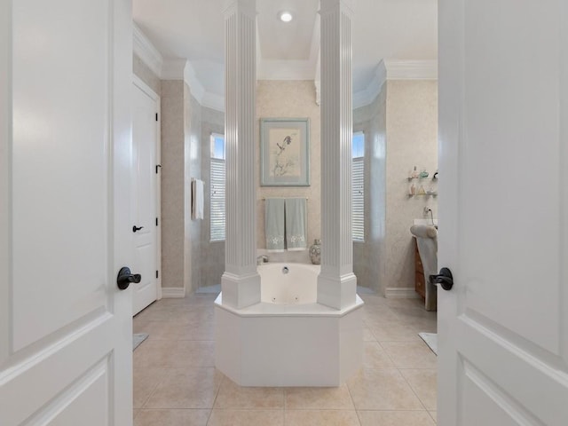 bathroom with tile patterned floors, ornate columns, separate shower and tub, and crown molding