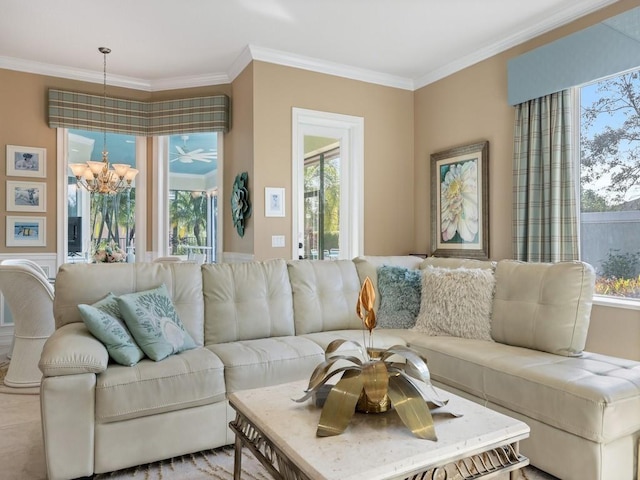 living room featuring a chandelier and crown molding