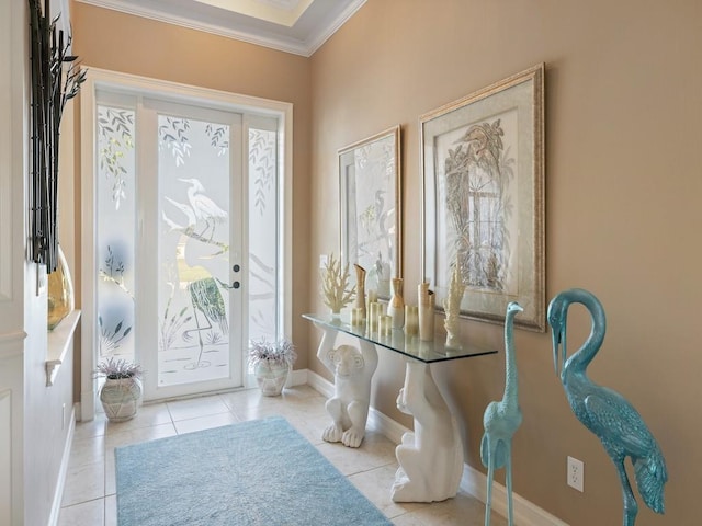 doorway with light tile patterned floors and ornamental molding