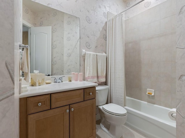 full bathroom featuring tile patterned floors, shower / bath combo, toilet, and vanity