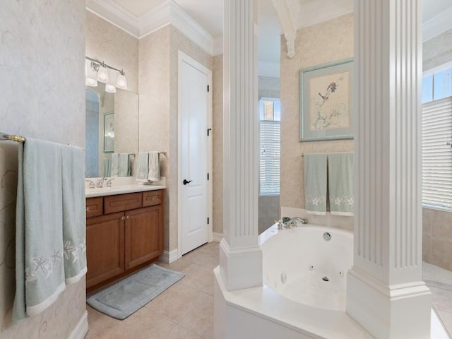 bathroom with vanity, tile patterned flooring, a washtub, ornamental molding, and decorative columns