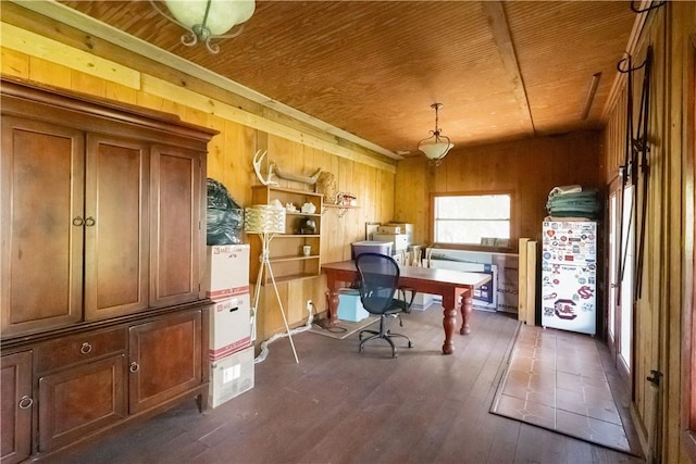 6160 1st St SW, Vero Beach, FL 32968 - office area featuring wooden walls, dark wood-type flooring, and wood ceiling