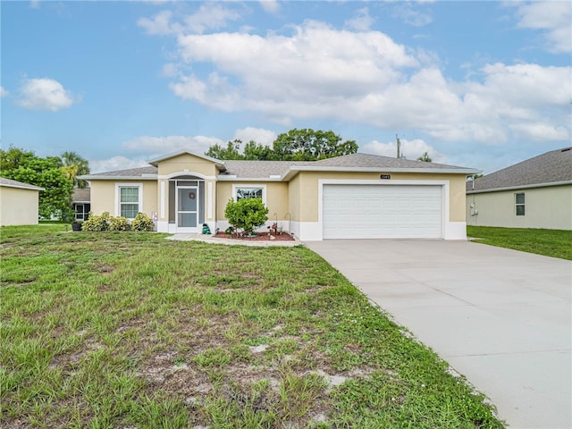 ranch-style home with a garage and a front yard