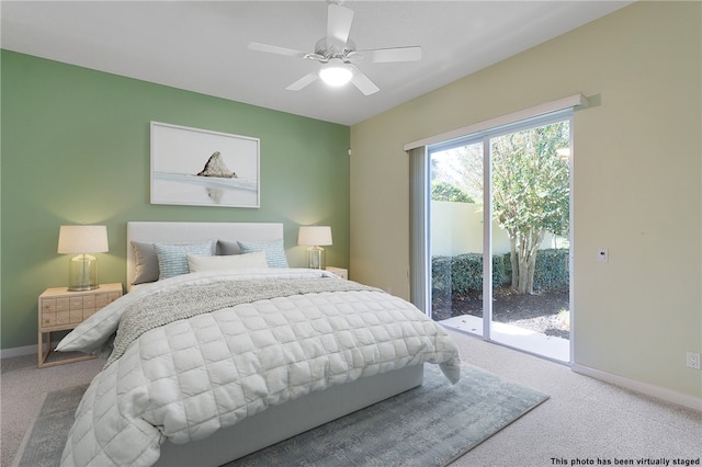 bedroom with carpet, ceiling fan, and access to exterior