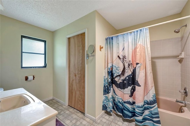 1514 Crowberry Ln, Sebastian, FL 32958 - bathroom with shower / bath combo, vanity, tile patterned floors, and a textured ceiling