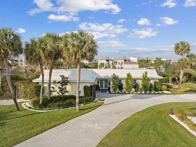 view of front of house with a front yard and curved driveway