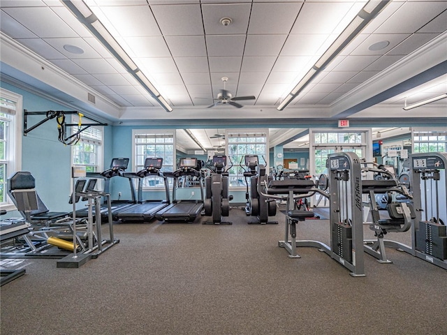 exercise room with ornamental molding and ceiling fan