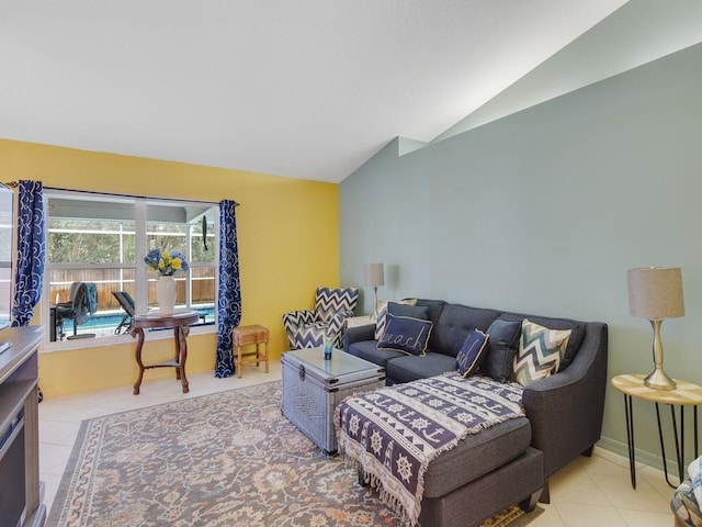 tiled living room with lofted ceiling