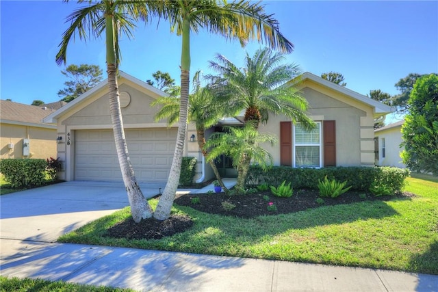 ranch-style house with a front yard and a garage