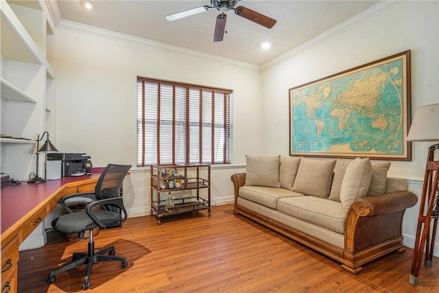 office featuring baseboards, ornamental molding, recessed lighting, ceiling fan, and wood finished floors