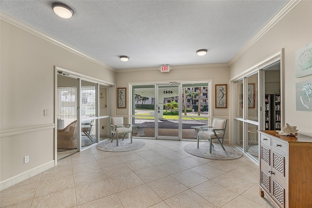 living area featuring light tile patterned floors, a textured ceiling, french doors, and crown molding