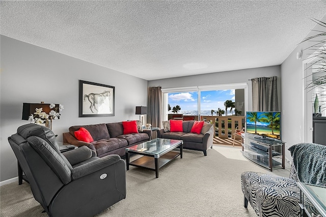 carpeted living room with a textured ceiling