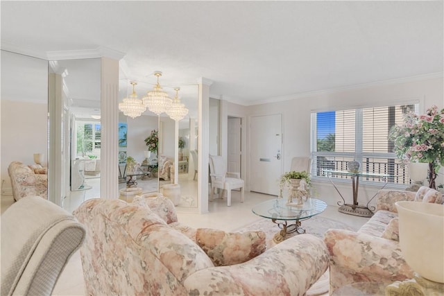 living room with light tile patterned floors, crown molding, and a chandelier