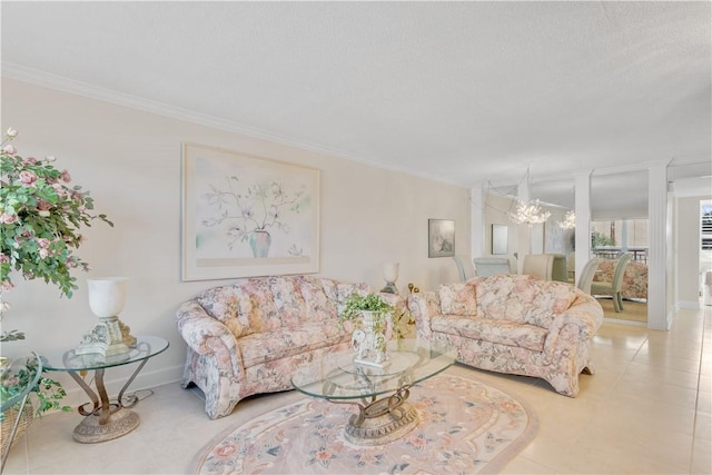 living room with a textured ceiling, an inviting chandelier, crown molding, and light tile patterned flooring