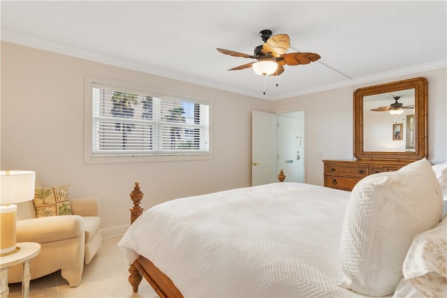 bedroom featuring ceiling fan and crown molding