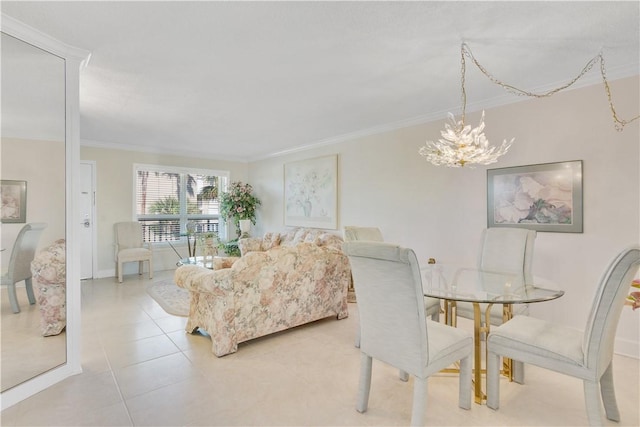 tiled dining space with crown molding and an inviting chandelier