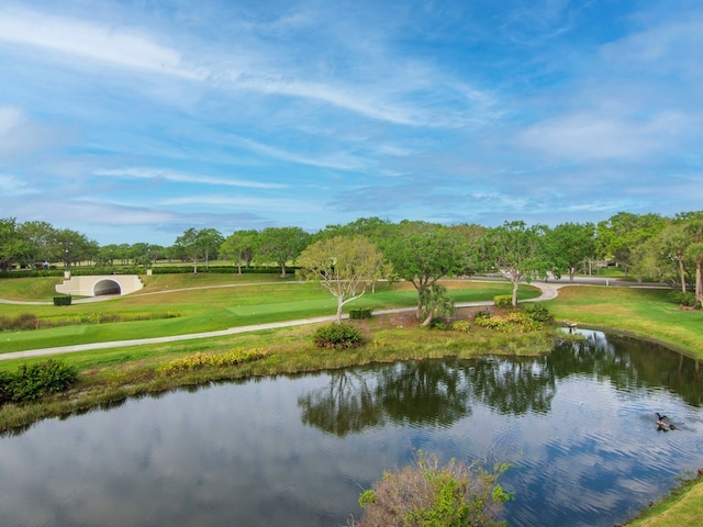 view of home's community featuring a lawn and a water view