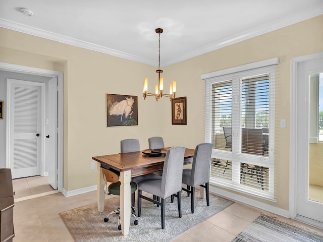 tiled dining space with a notable chandelier and crown molding