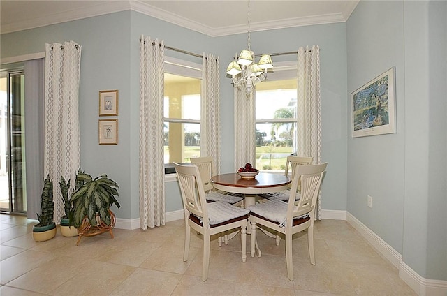 tiled dining room with crown molding and an inviting chandelier