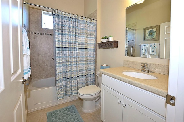 full bathroom with tile patterned flooring, vanity, shower / tub combo, and toilet