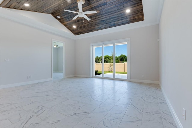 empty room with baseboards, wood ceiling, ceiling fan, marble finish floor, and high vaulted ceiling