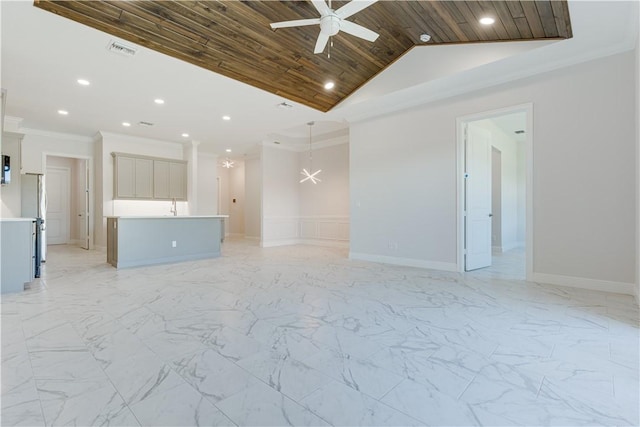 unfurnished living room featuring visible vents, wood ceiling, ornamental molding, marble finish floor, and ceiling fan with notable chandelier