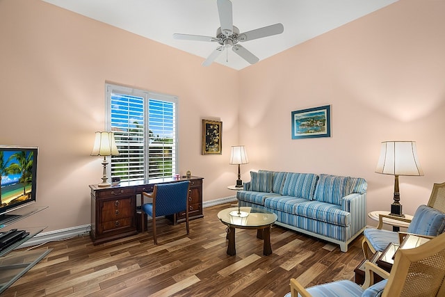 office with a ceiling fan, baseboards, and wood finished floors