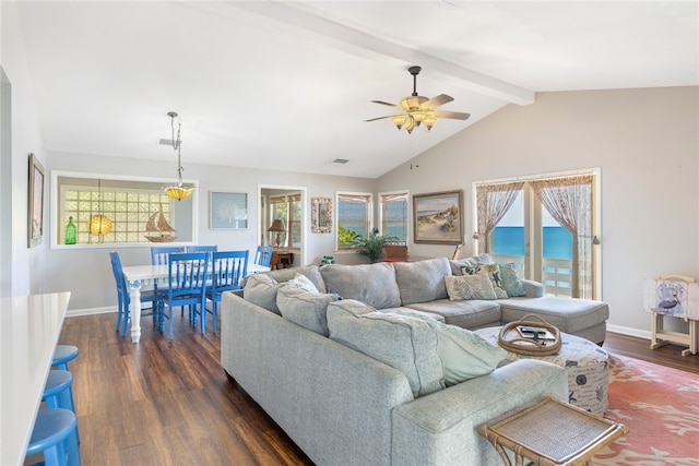 living room featuring ceiling fan, dark hardwood / wood-style floors, and lofted ceiling with beams